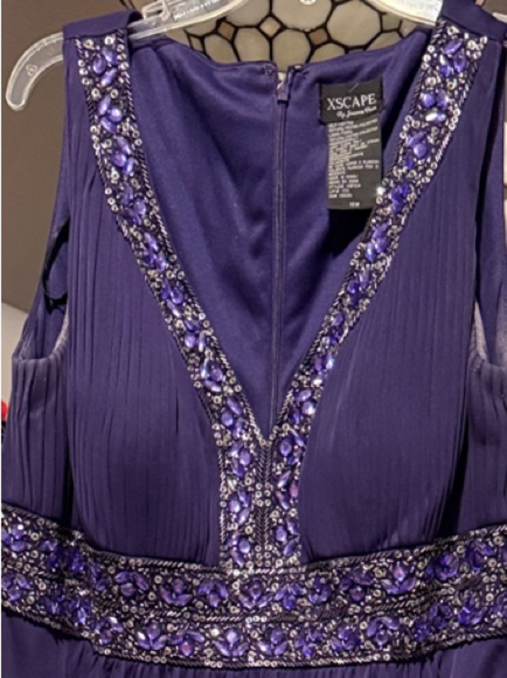 Xscape Purple Beaded V-Neck Maxi Dress
